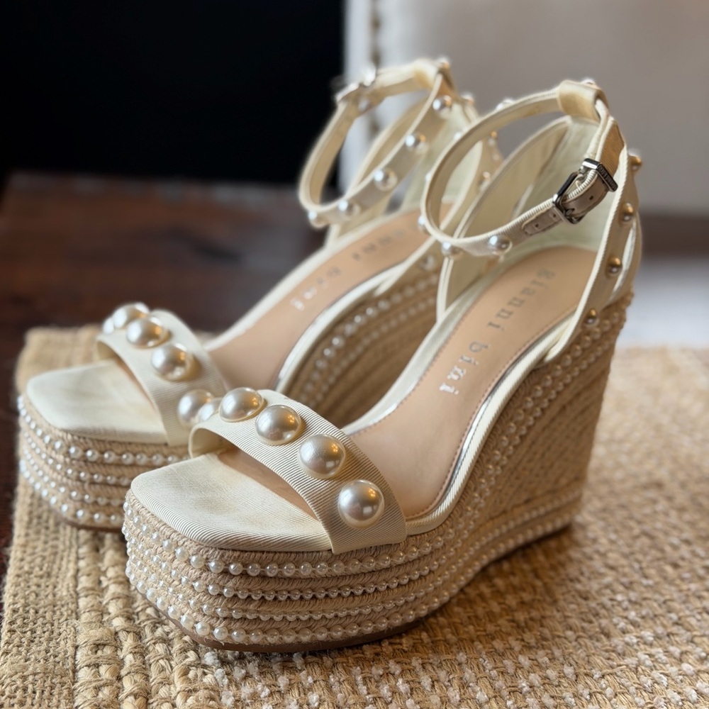 Gianni Bini Ivory Pearl-Embellished Wedge Sandals - Picture 2 of 6